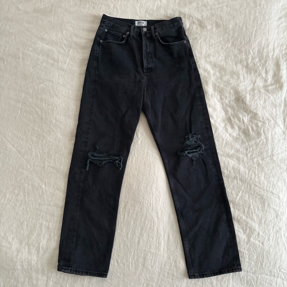 AGOLDE 90s Distressed Mom Jeans High Rise Straight Leg in Black Size 24
